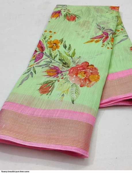 Flowery Beautiful Pure Linen Saree