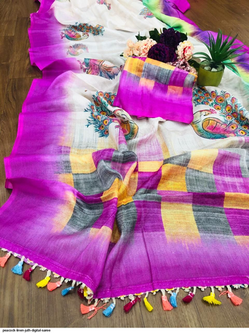 Peacock Linen Juth Digital Saree