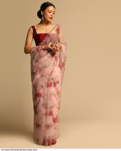 Pure Organza Silk Handprinted Flower Design Sarees