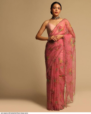 Pure Organza Silk Handprinted Flower Design Sarees